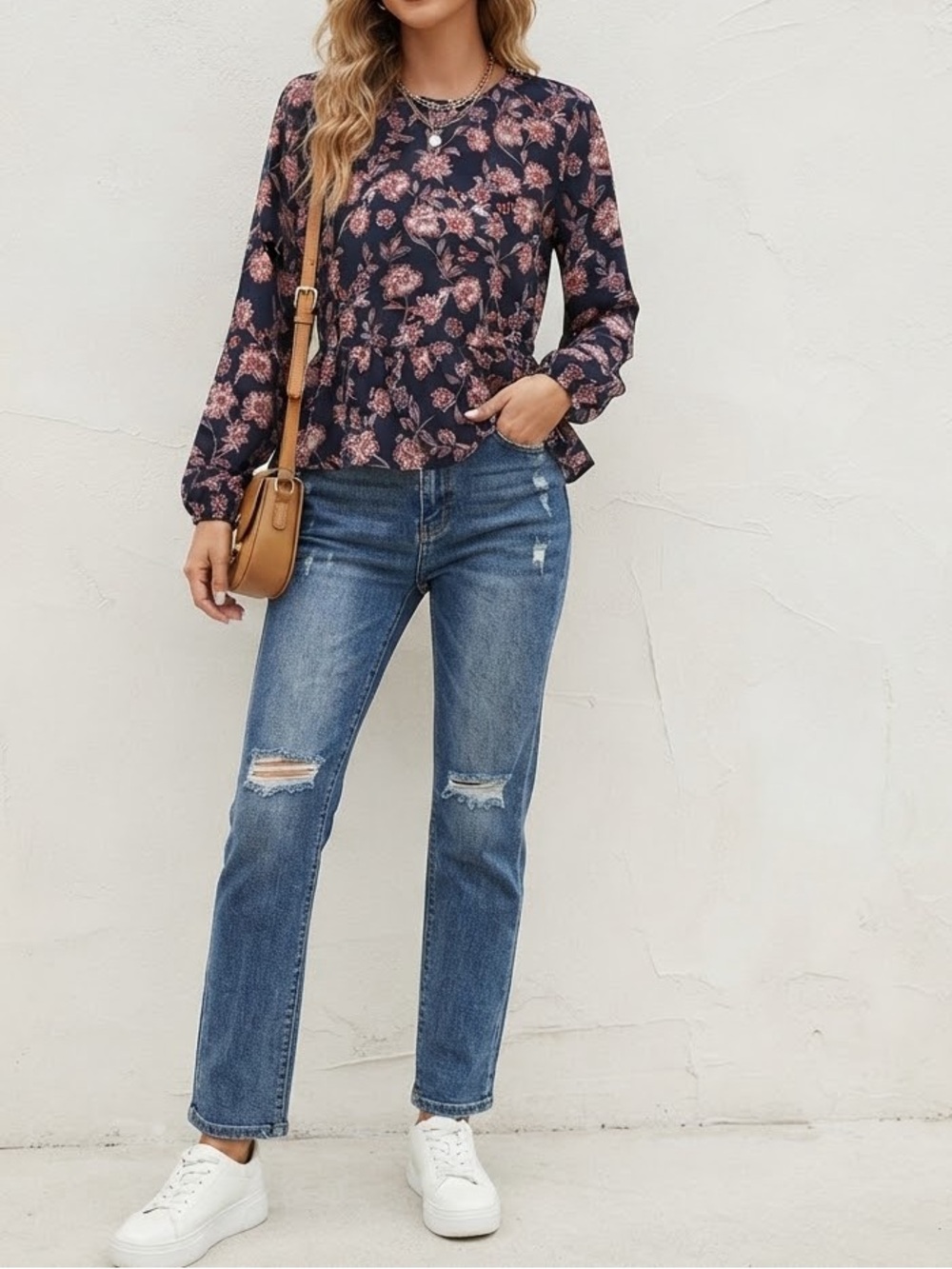 🔥$10 FINAL PRICE🔥Loft Black & Coral Floral Long Sleeve Peplum Blouse Split Neck🧡